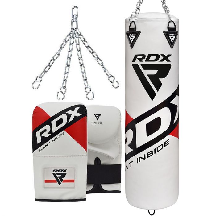 RDX F10 4FT / 5FT 3-IN-1 WHITE TRAINING PUNCH BAG WITH MITTS SET Filled